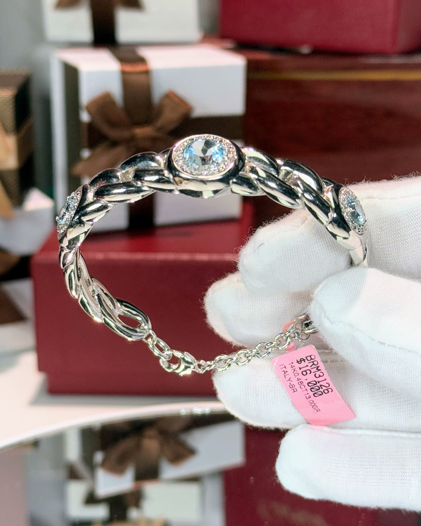 Blue Topaz and Diamond 14k White Gold Chain Bracelet