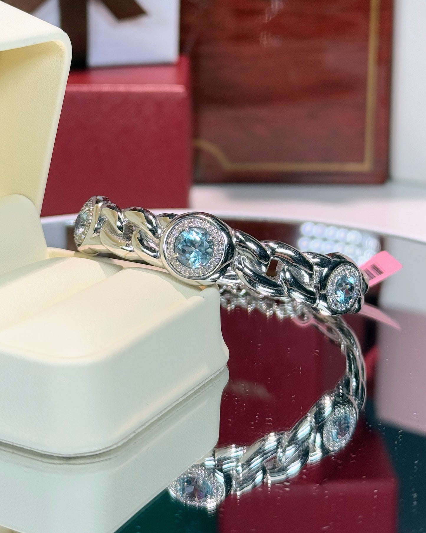 Blue Topaz and Diamond 14k White Gold Chain Bracelet