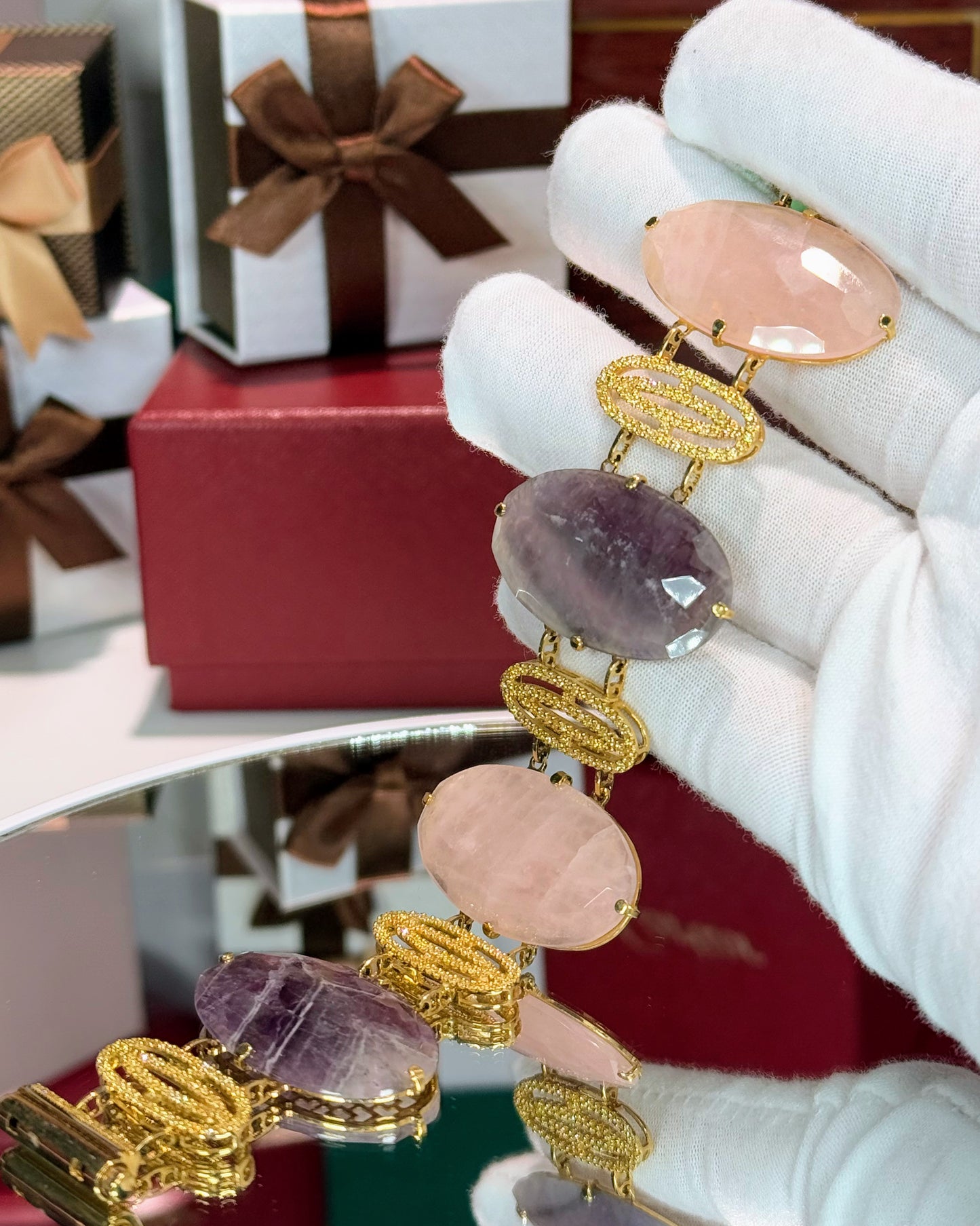 Amethyst and Rose Quartz Stretch 14k Yellow Gold Bracelet