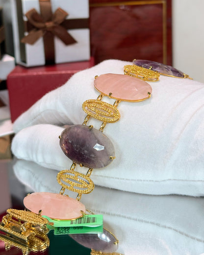 Amethyst and Rose Quartz Stretch 14k Yellow Gold Bracelet