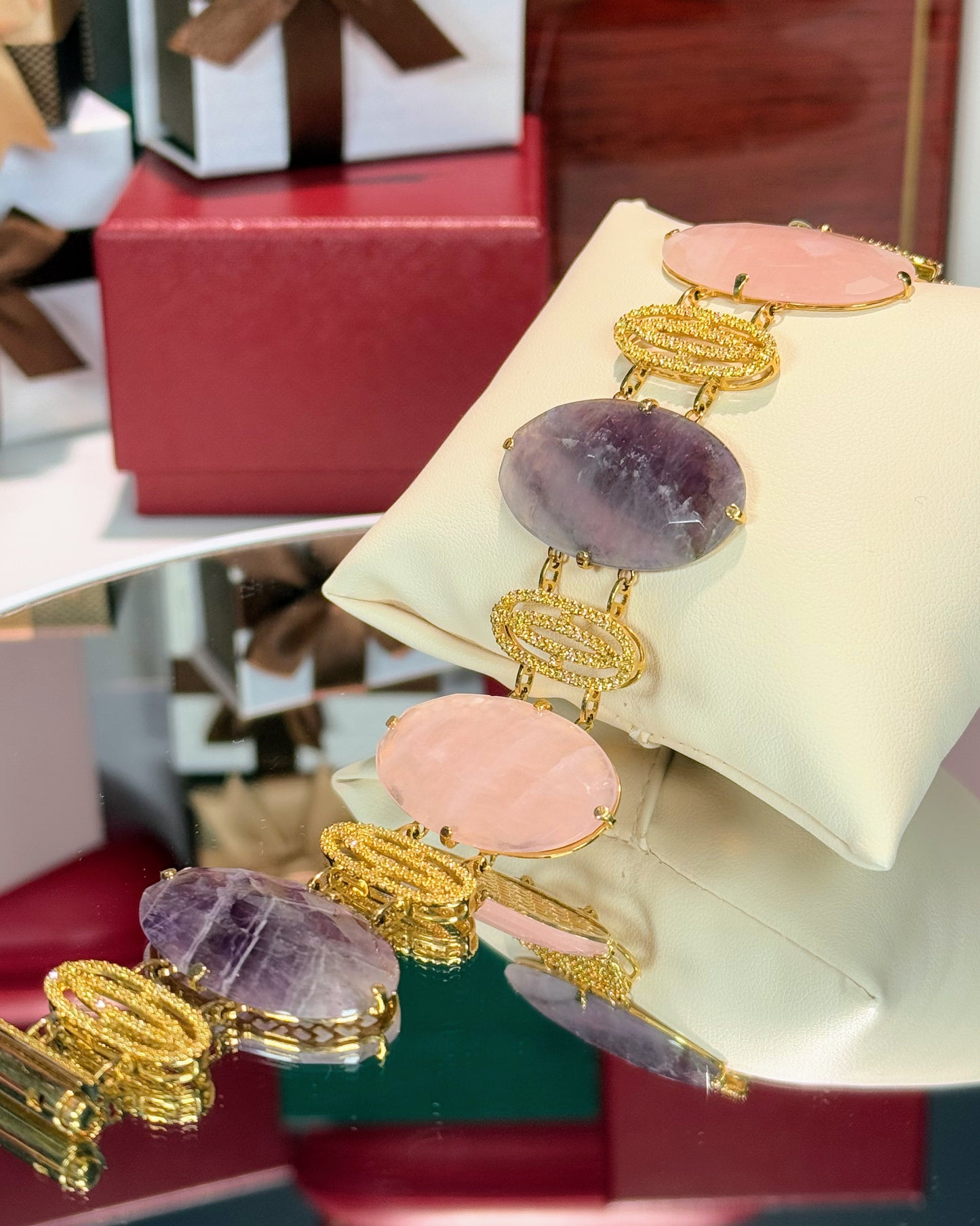 Amethyst and Rose Quartz Stretch 14k Yellow Gold Bracelet