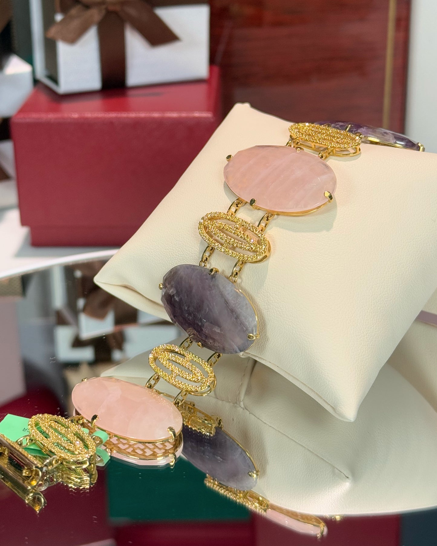 Amethyst and Rose Quartz Stretch 14k Yellow Gold Bracelet