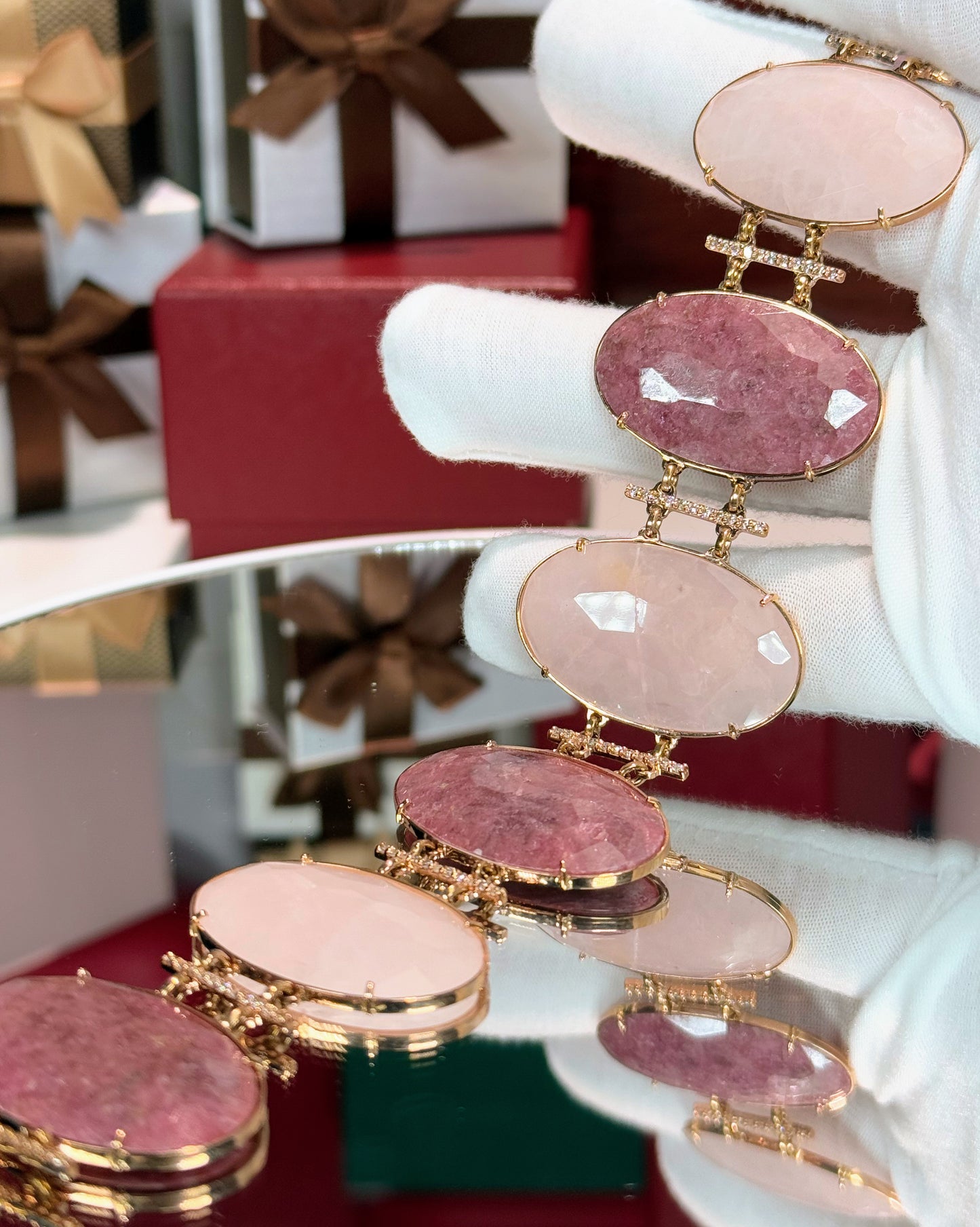 Ruby and Rose Quartz Stretch 14k Yellow Gold Bracelet
