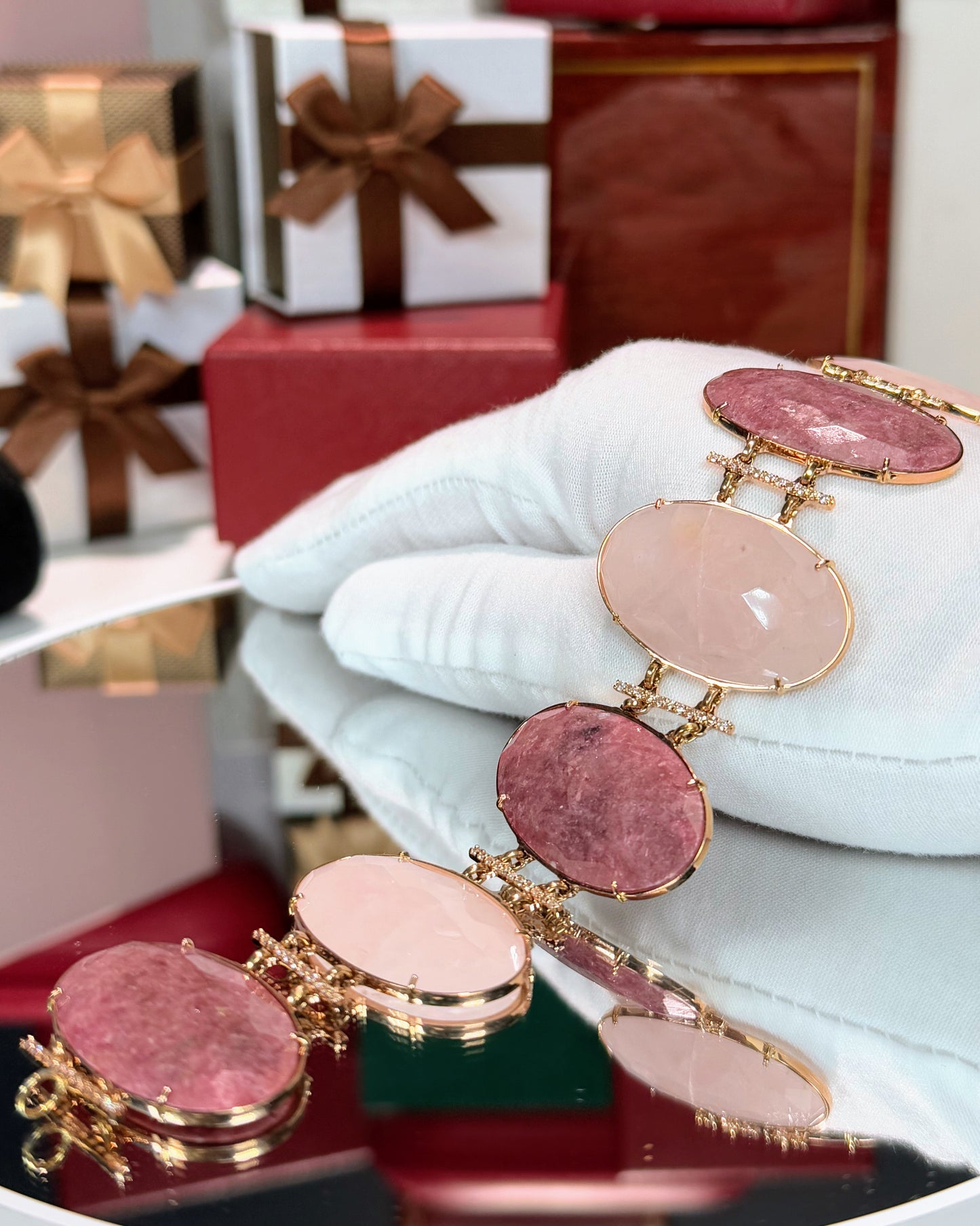Ruby and Rose Quartz Stretch 14k Yellow Gold Bracelet