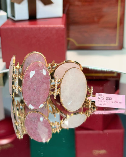 Ruby and Rose Quartz Stretch 14k Yellow Gold Bracelet