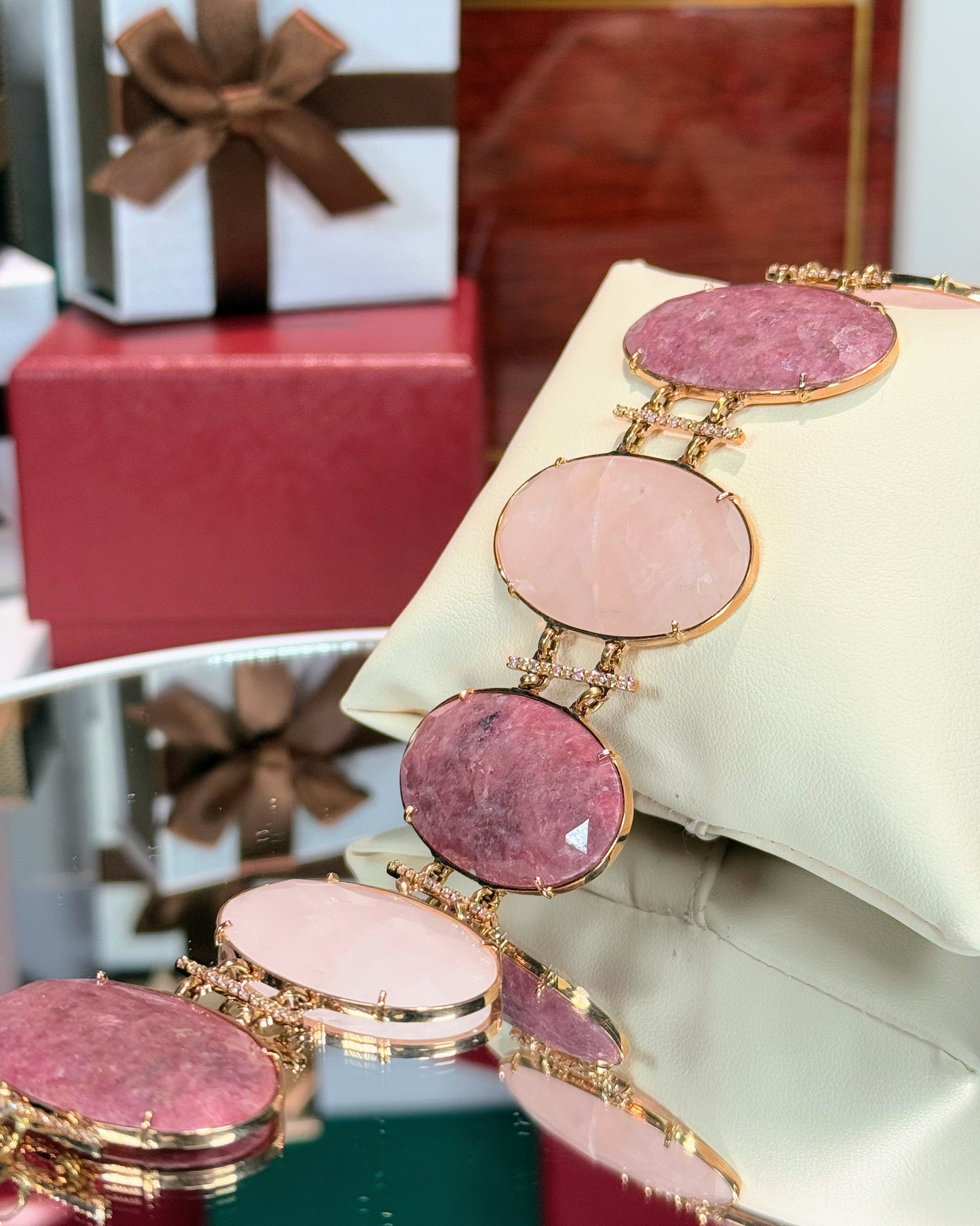 Ruby and Rose Quartz Stretch 14k Yellow Gold Bracelet