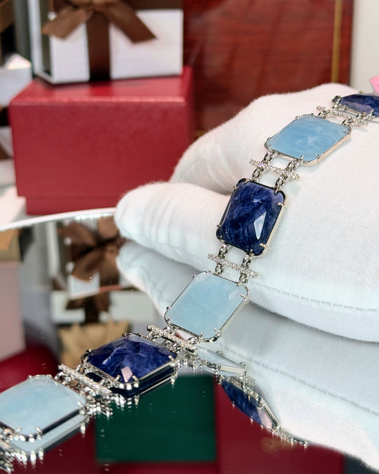 Sapphire and Aquamarine Stretch 14k White Gold Bracelet