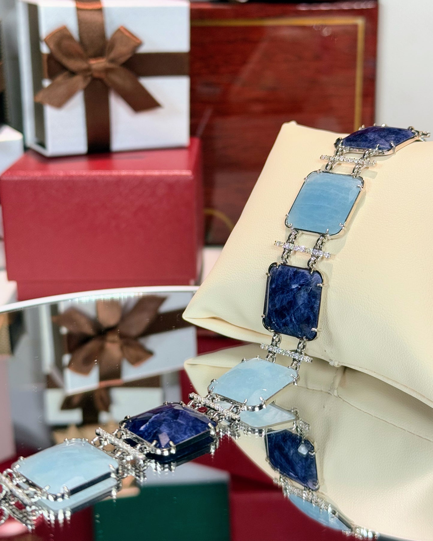 Sapphire and Aquamarine Stretch 14k White Gold Bracelet