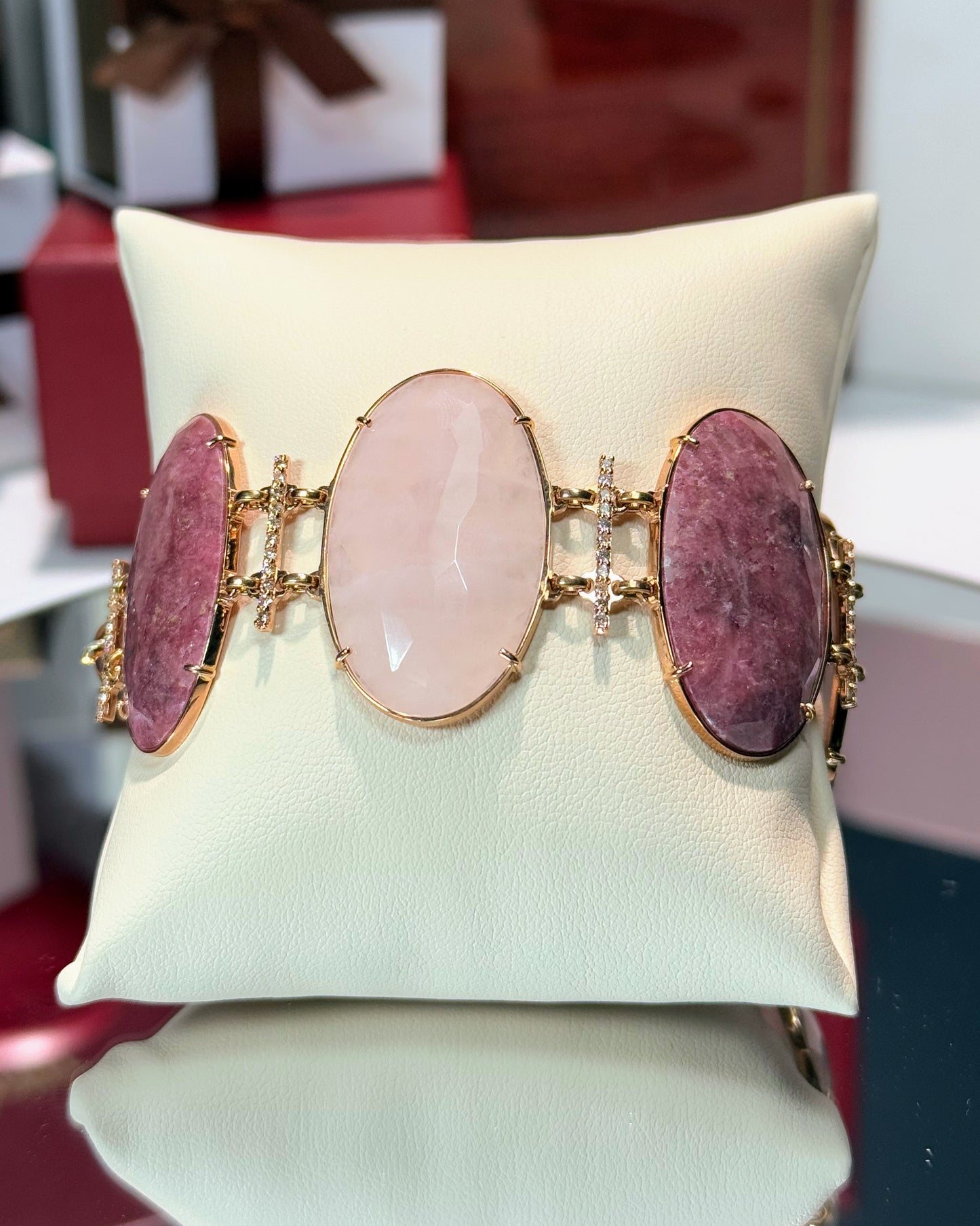 Ruby and Rose Quartz Stretch 14k Yellow Gold Bracelet