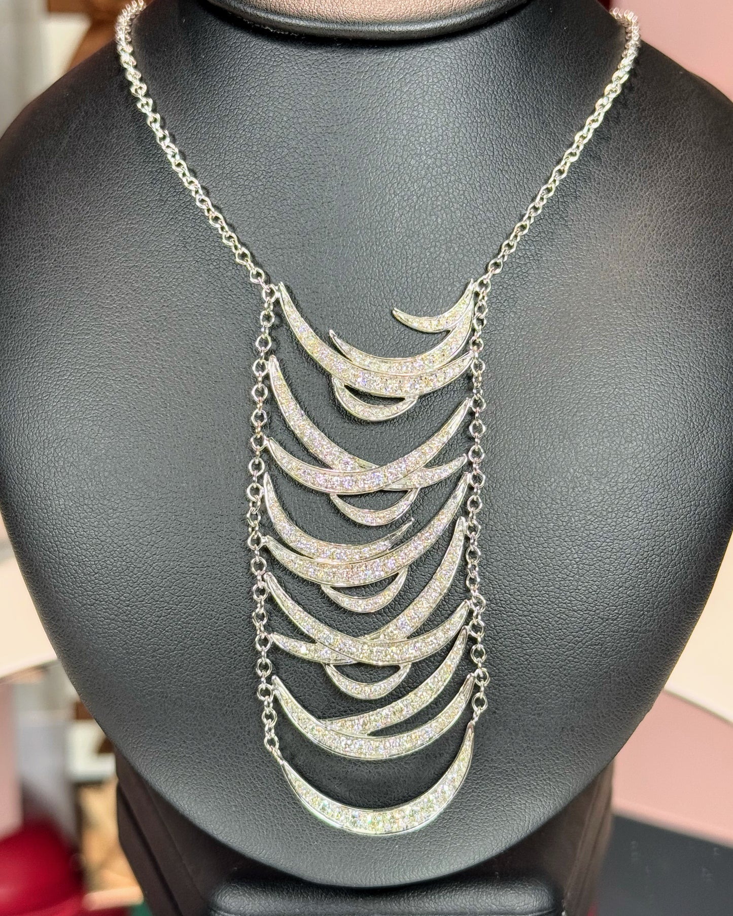 14k White Gold Multi-layered Crescents Diamond Necklace