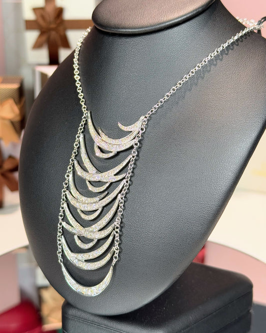 14k White Gold Multi-layered Crescents Diamond Necklace
