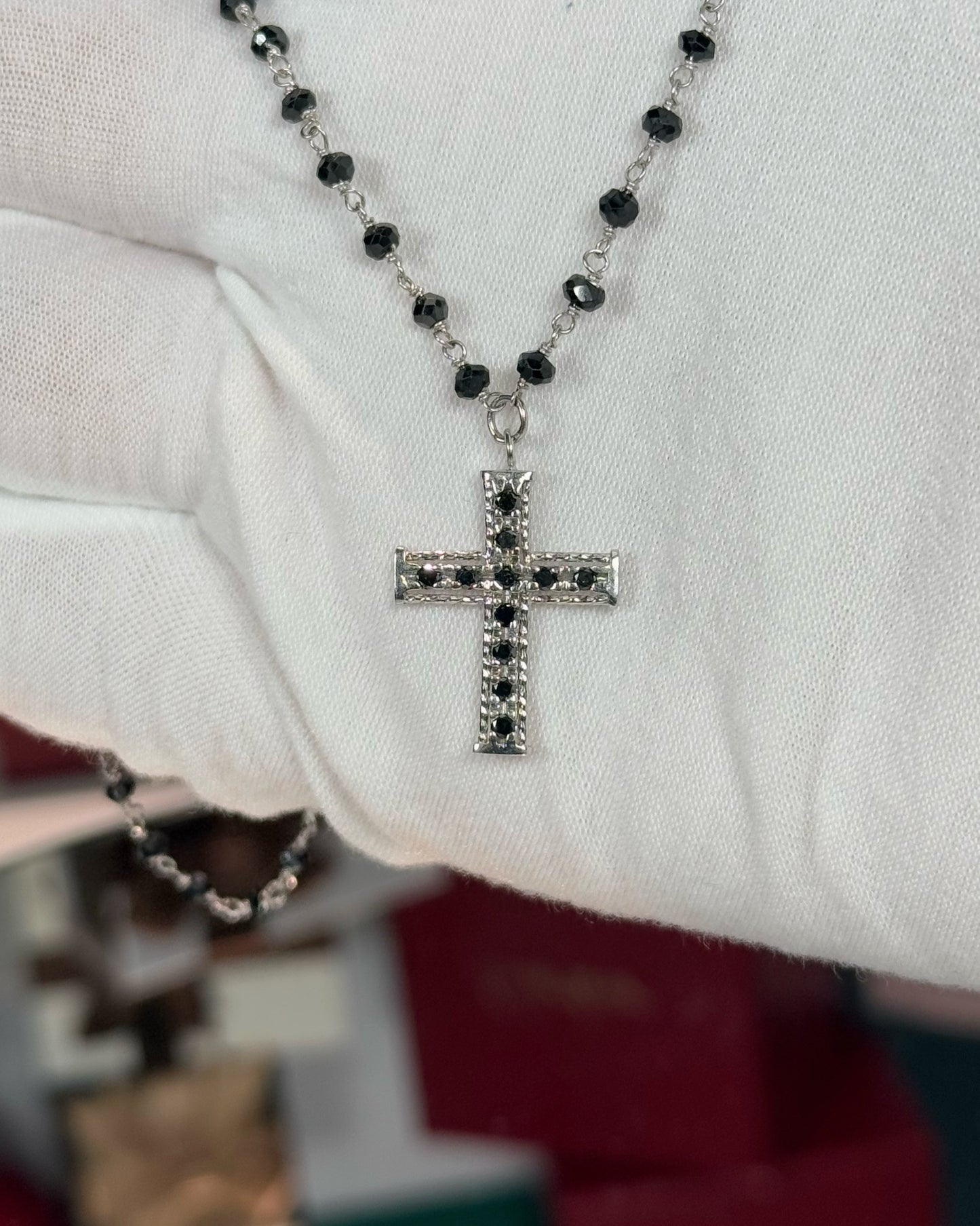 14k White Gold Black Diamond Rosary