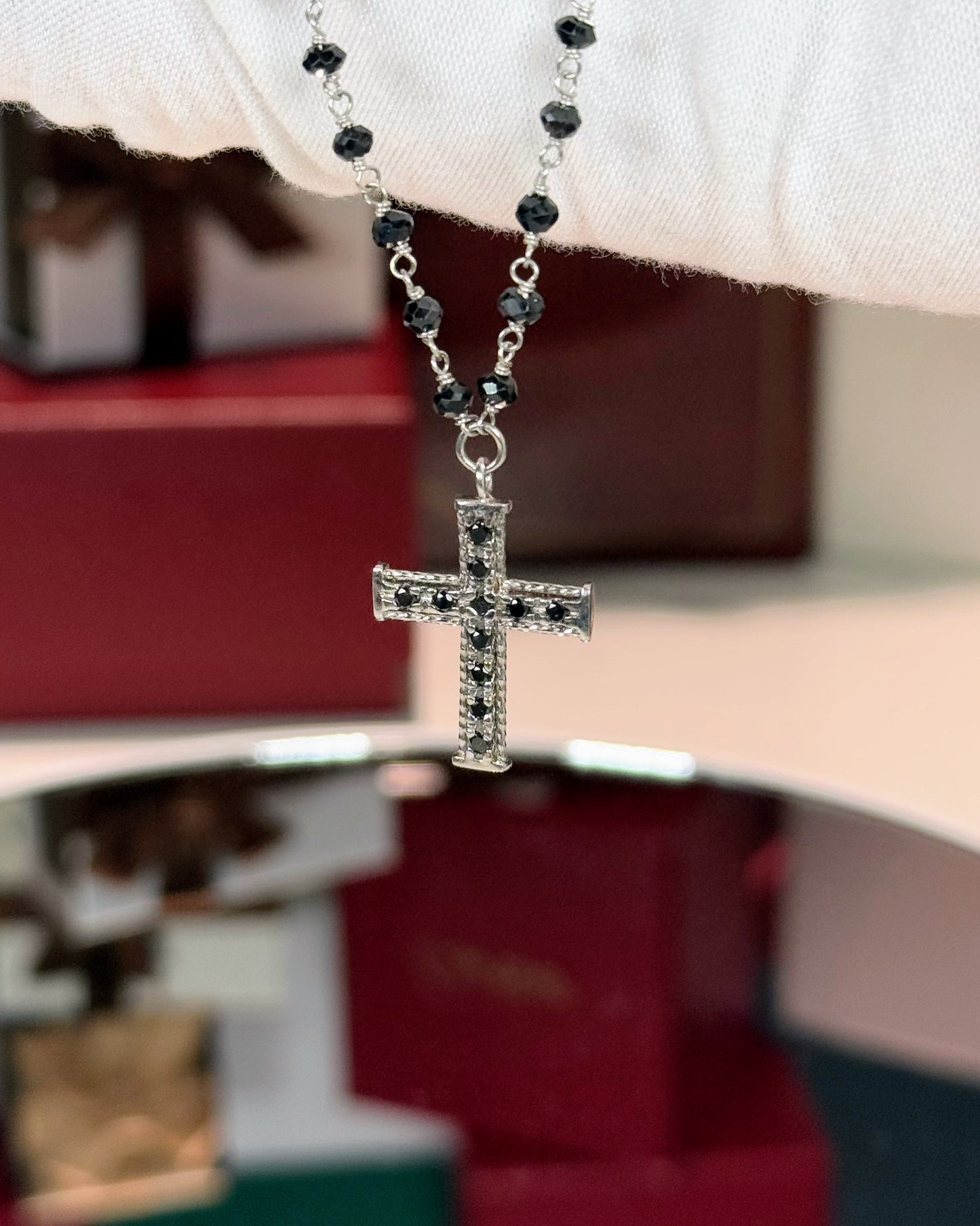 14k White Gold Black Diamond Rosary
