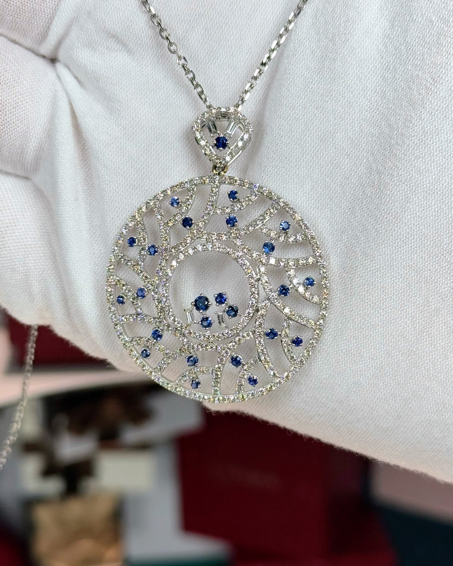 White Gold Sapphire and Diamond Pendant 14k White Gold Necklace