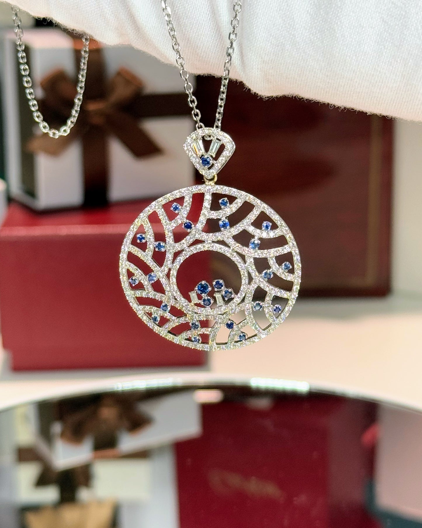White Gold Sapphire and Diamond Pendant 14k White Gold Necklace