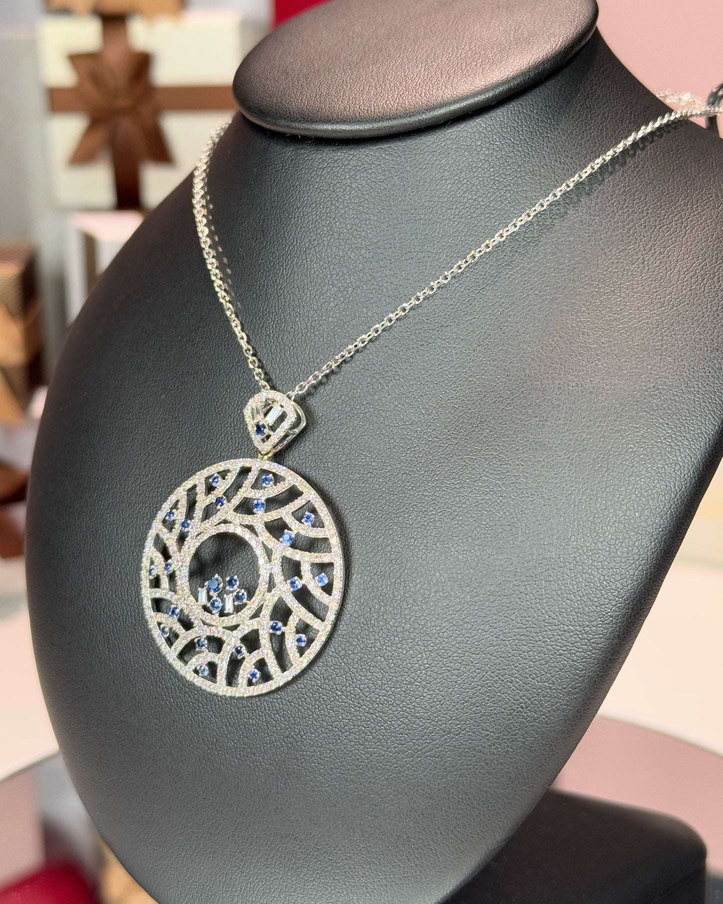 White Gold Sapphire and Diamond Pendant 14k White Gold Necklace
