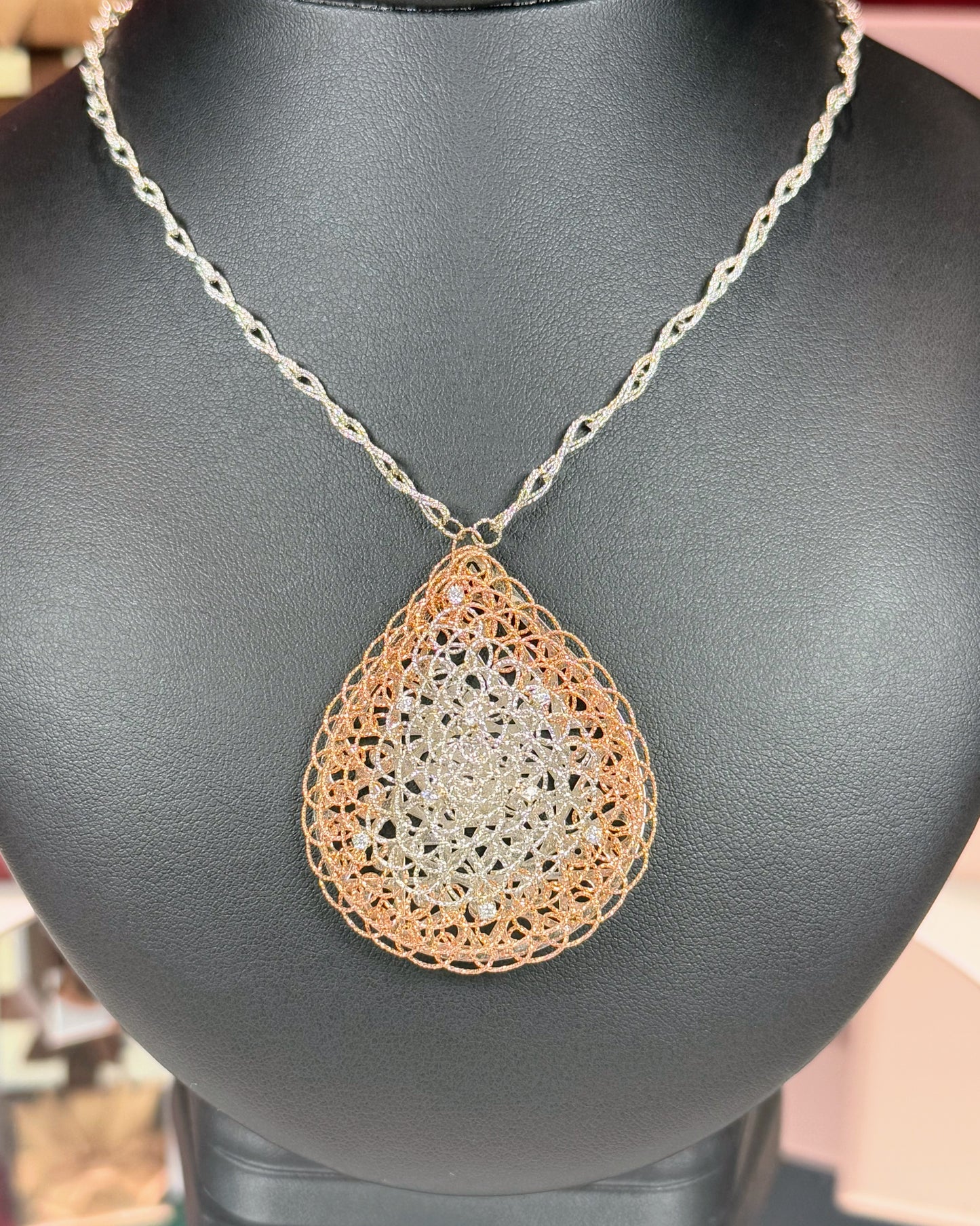 Raindrop Filigree 14k 2 Color Pendant 14k White Gold Matinee Necklace