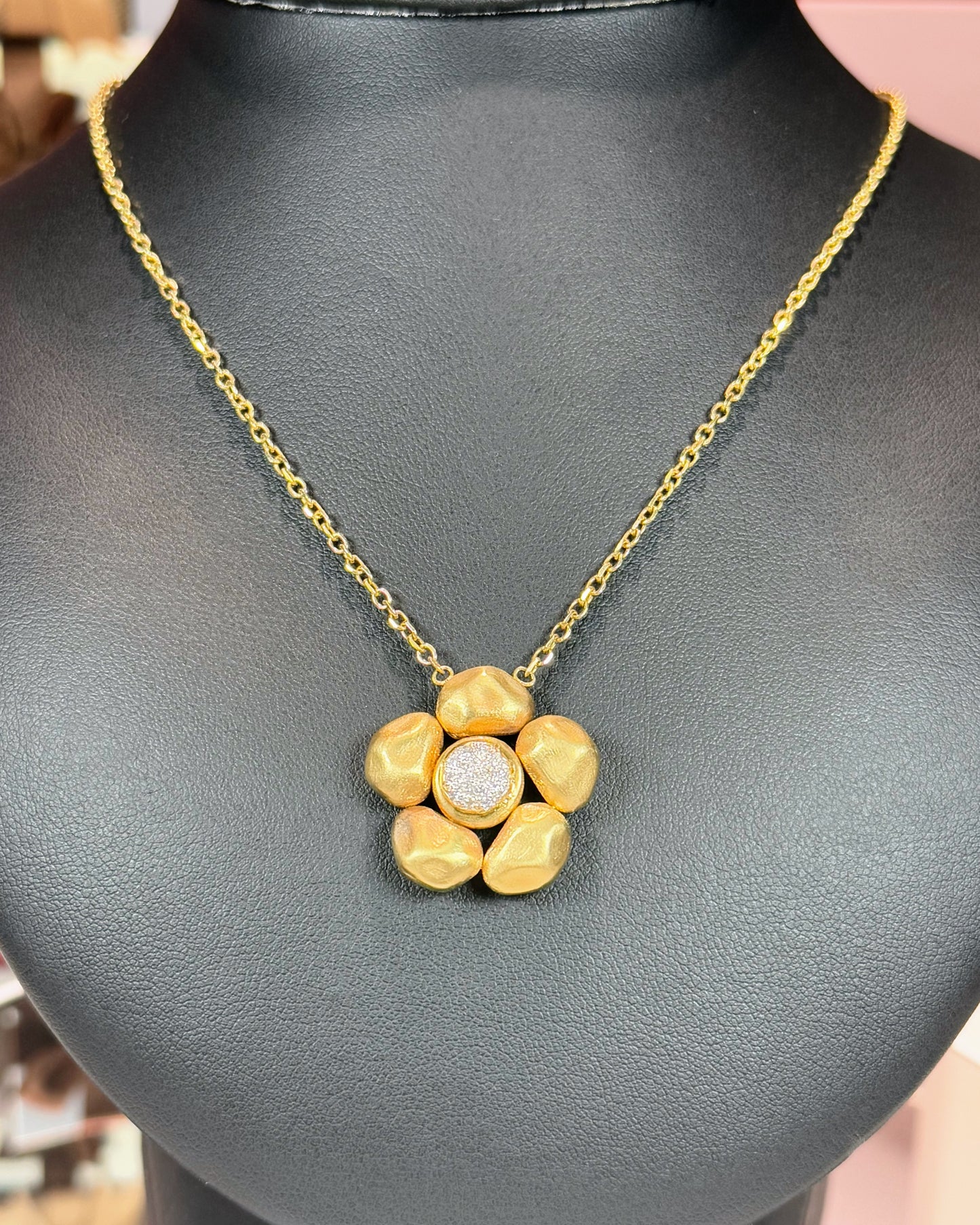 14k Yellow Gold Flower Pendant Opera Necklace