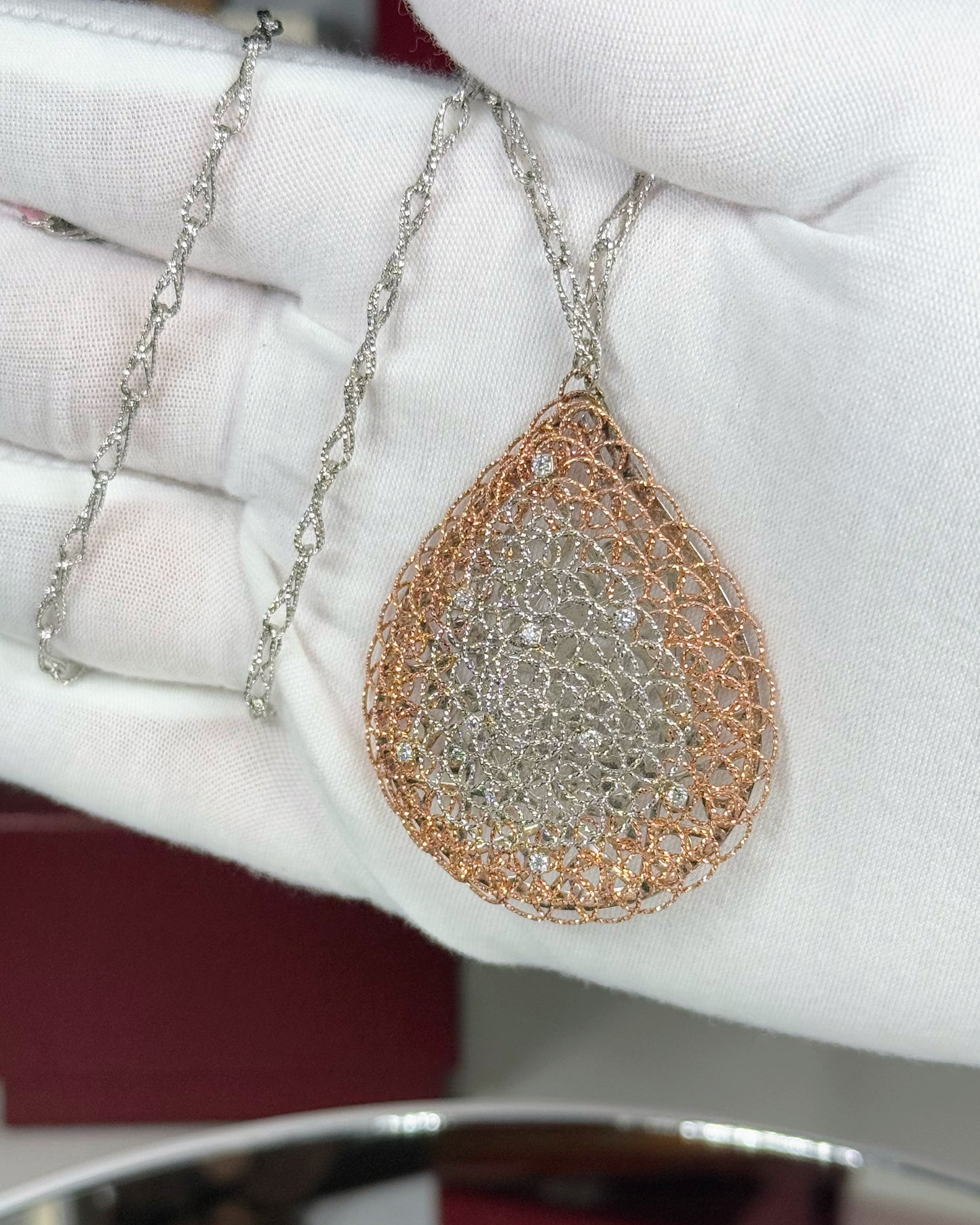 Raindrop Filigree 14k 2 Color Pendant 14k White Gold Matinee Necklace