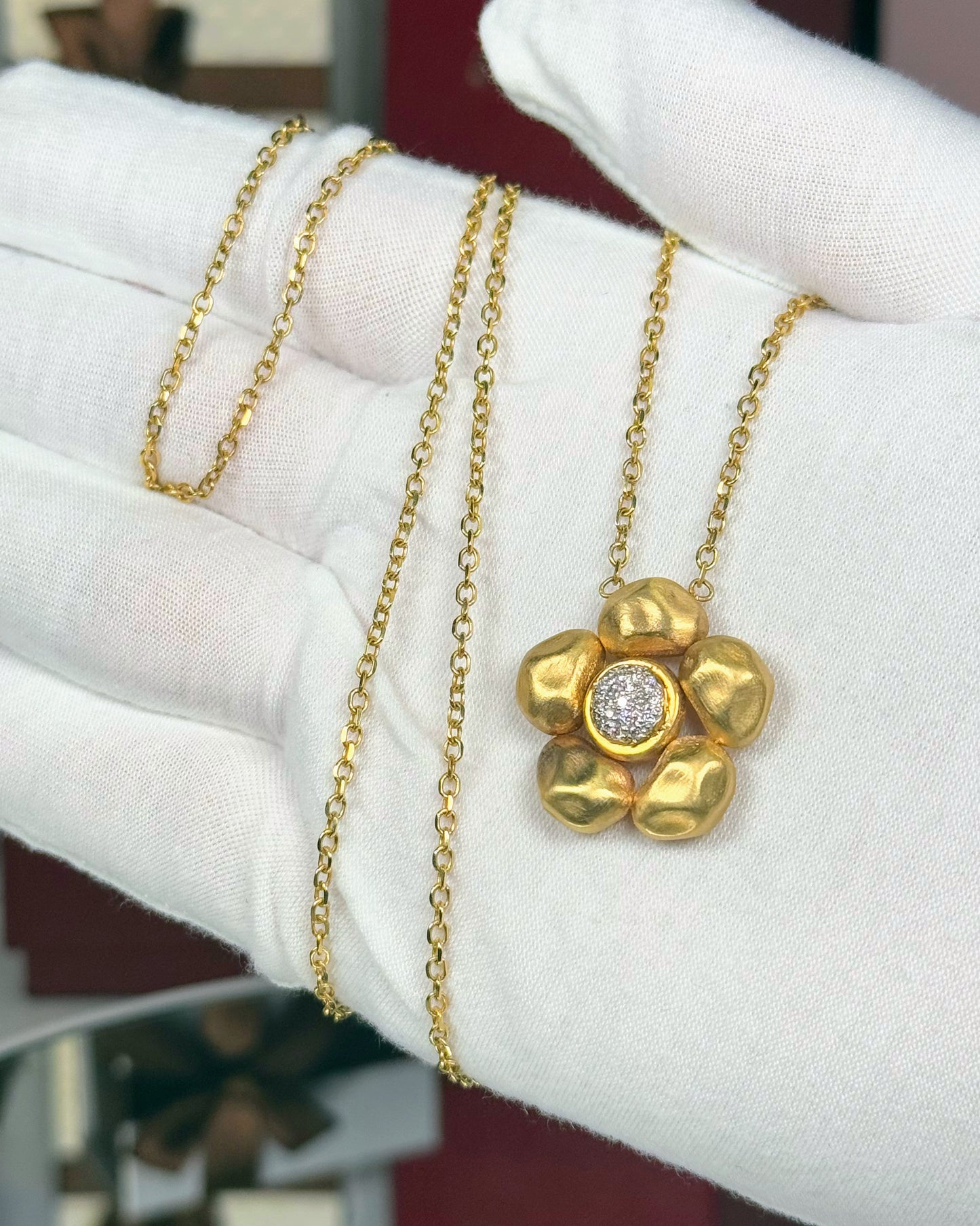 14k Yellow Gold Flower Pendant Opera Necklace