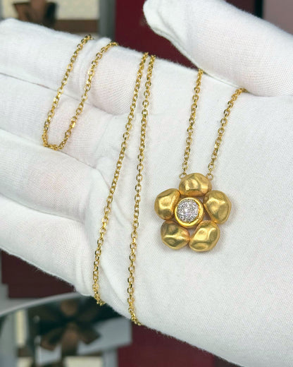 14k Yellow Gold Flower Pendant Opera Necklace