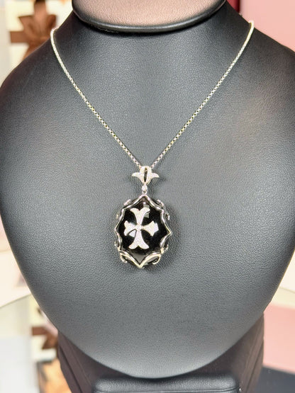 Onyx Templar Cross Pendant 14k White Gold Necklace