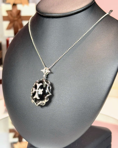Onyx Templar Cross Pendant 14k White Gold Necklace