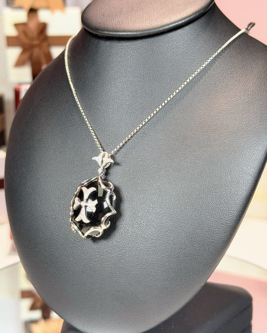 Onyx Templar Cross Pendant 14k White Gold Necklace