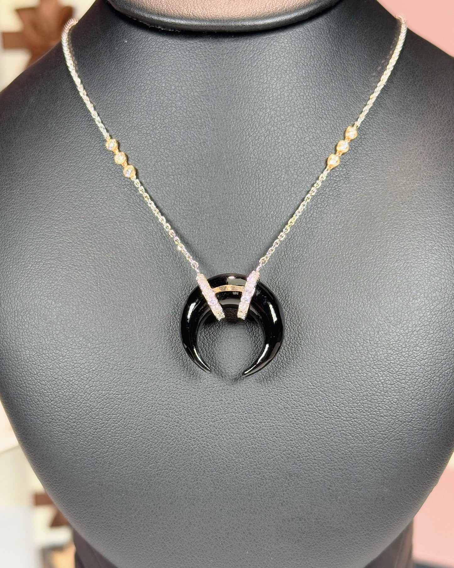Onyx Crescent Pendant 14k White Gold Necklace