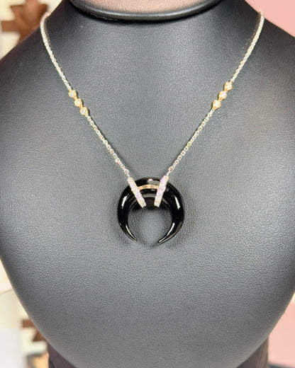 Onyx Crescent Pendant 14k White Gold Necklace