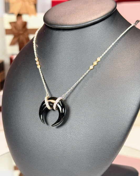 Onyx Crescent Pendant 14k White Gold Necklace
