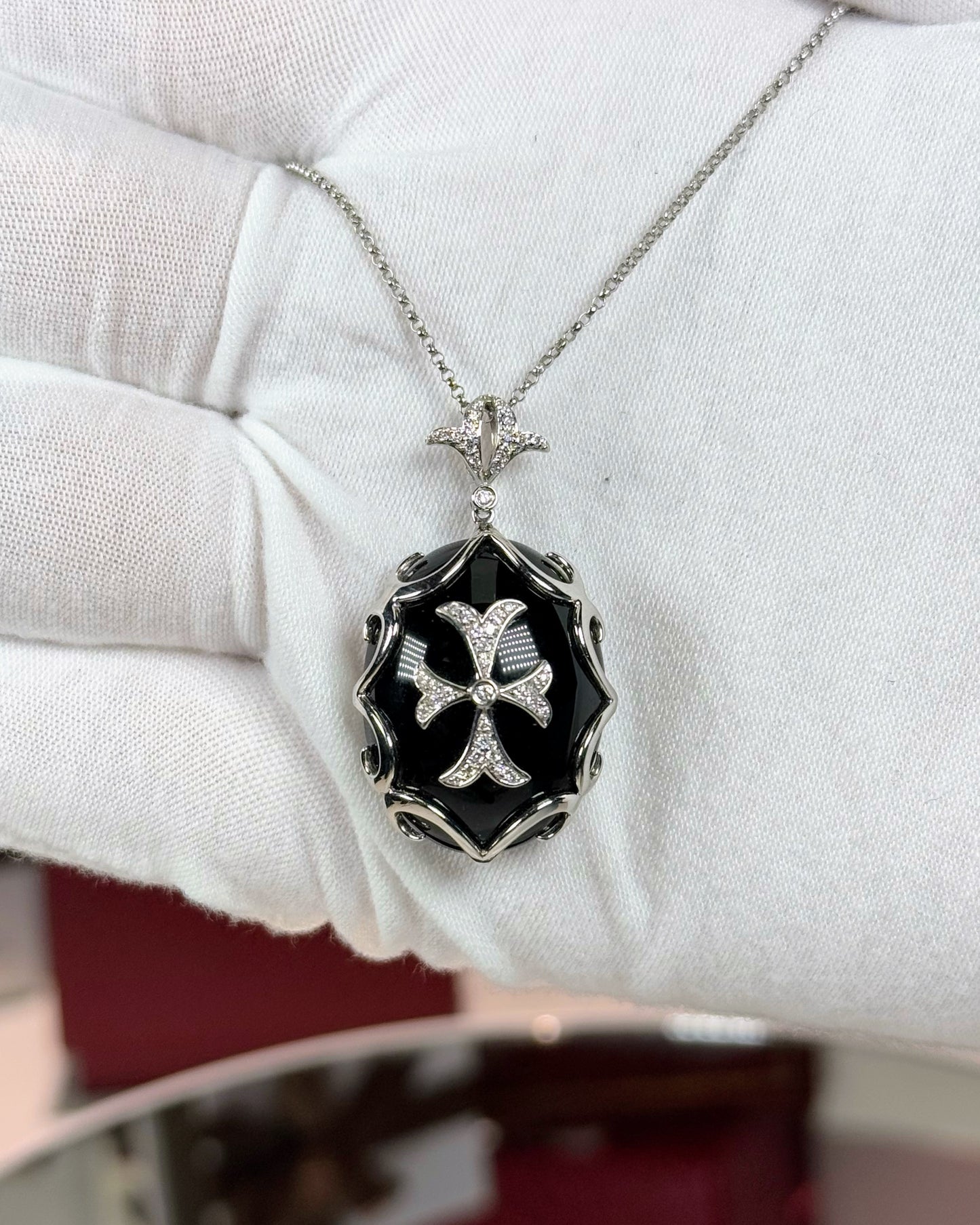 Onyx Templar Cross Pendant 14k White Gold Necklace