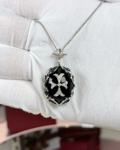 Onyx Templar Cross Pendant 14k White Gold Necklace