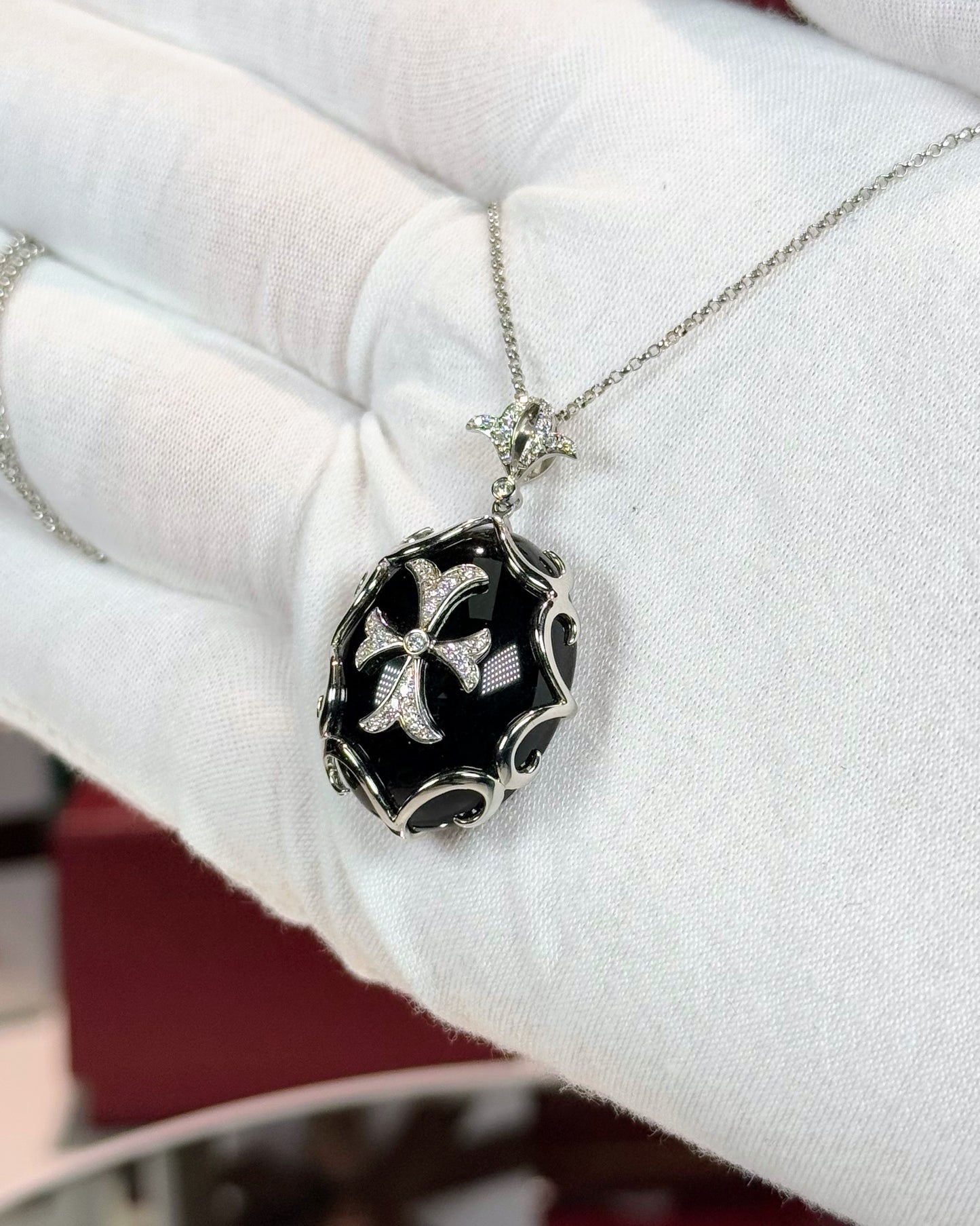 Onyx Templar Cross Pendant 14k White Gold Necklace