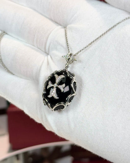 Onyx Templar Cross Pendant 14k White Gold Necklace
