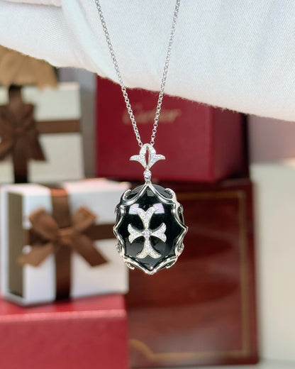 Onyx Templar Cross Pendant 14k White Gold Necklace