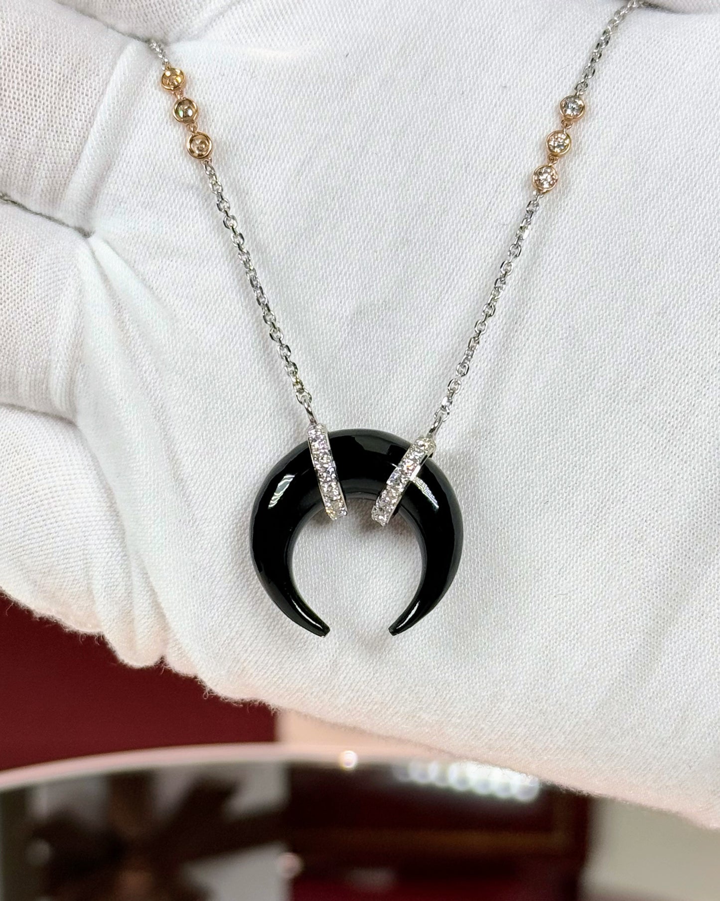 Onyx Crescent Pendant 14k White Gold Necklace
