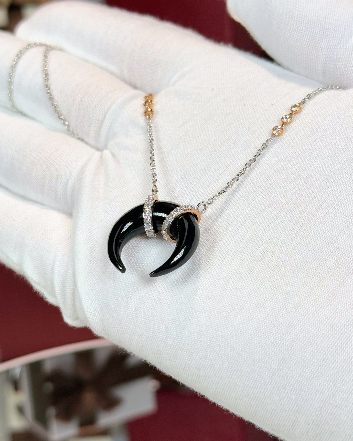Onyx Crescent Pendant 14k White Gold Necklace