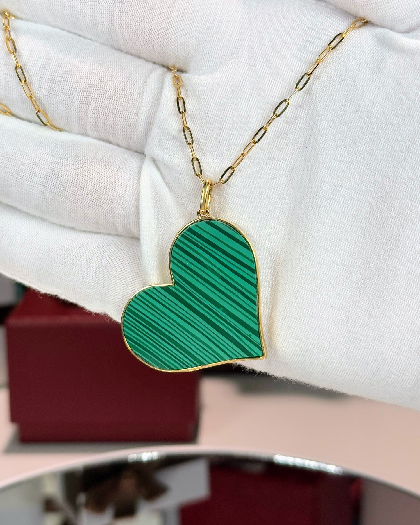 Malachite Heart Pendant 14k Yellow Gold Necklace