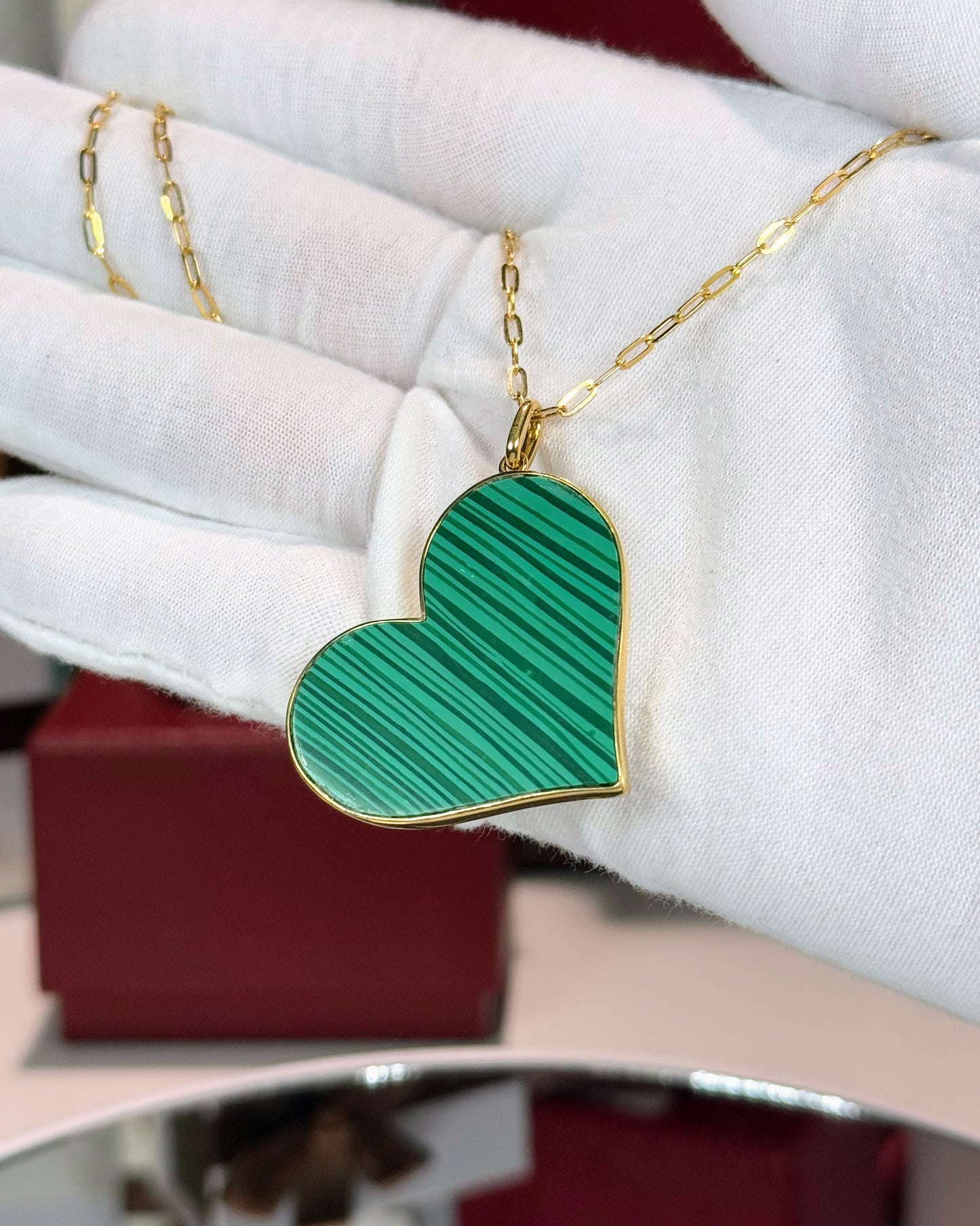 Malachite Heart Pendant 14k Yellow Gold Necklace