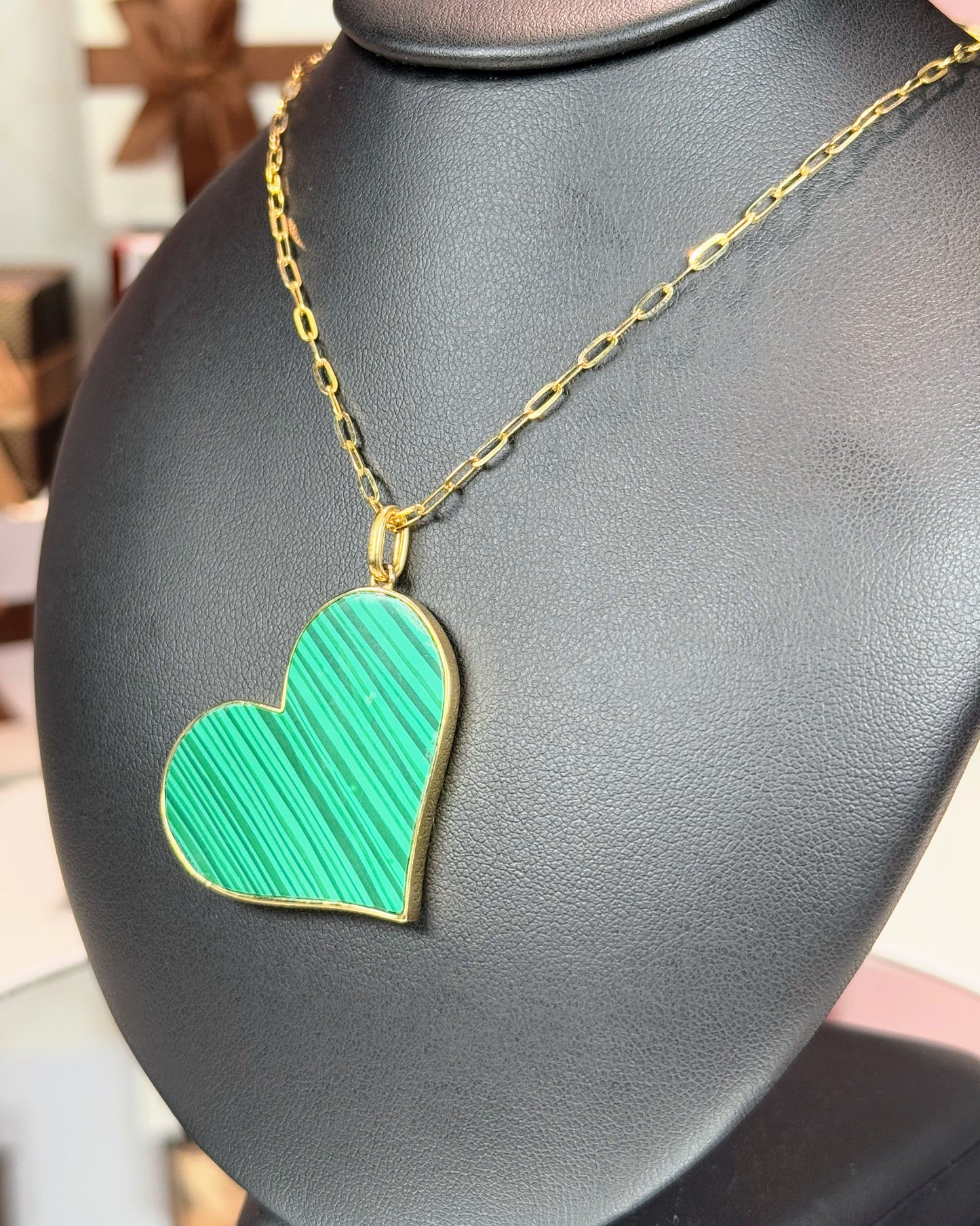 Malachite Heart Pendant 14k Yellow Gold Necklace
