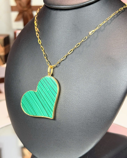 Malachite Heart Pendant 14k Yellow Gold Necklace