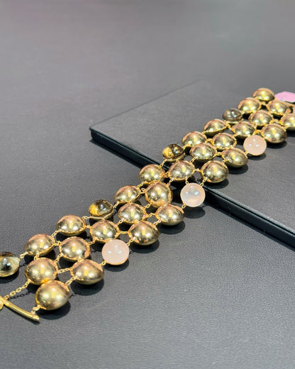 14k Yellow Gold Rose Quartz and Smoky Quartz Three Layer Bracelet