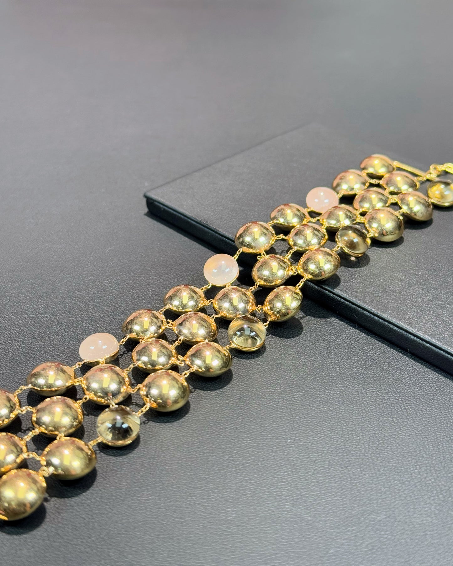 14k Yellow Gold Rose Quartz and Smoky Quartz Three Layer Bracelet