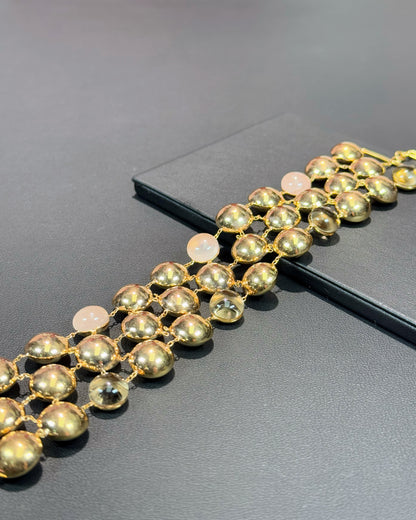 14k Yellow Gold Rose Quartz and Smoky Quartz Three Layer Bracelet