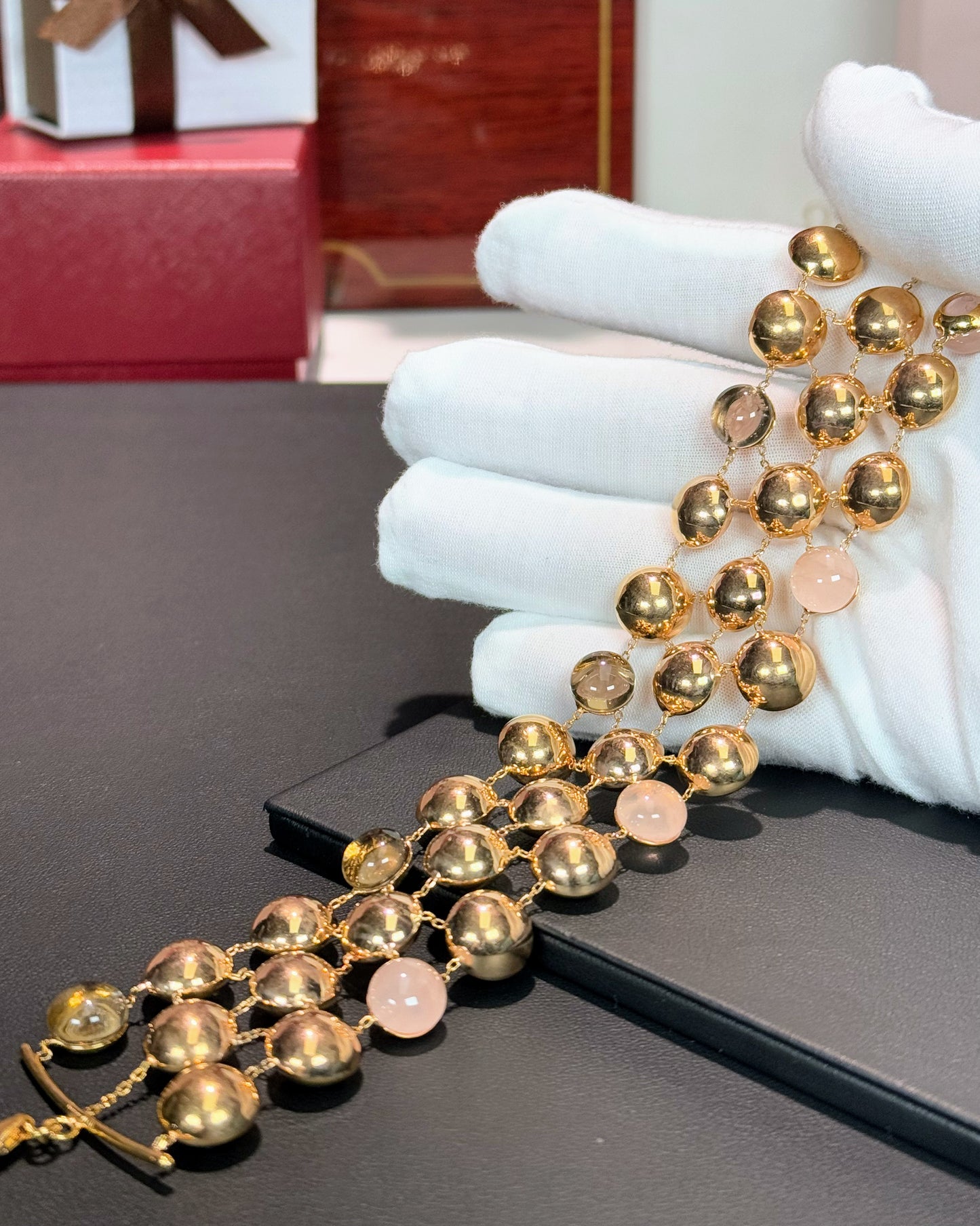 14k Yellow Gold Rose Quartz and Smoky Quartz Three Layer Bracelet