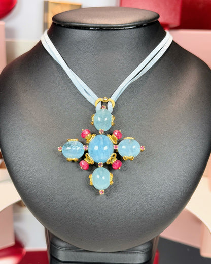 Aquamarine and Ruby 18k Yellow Gold Pendant