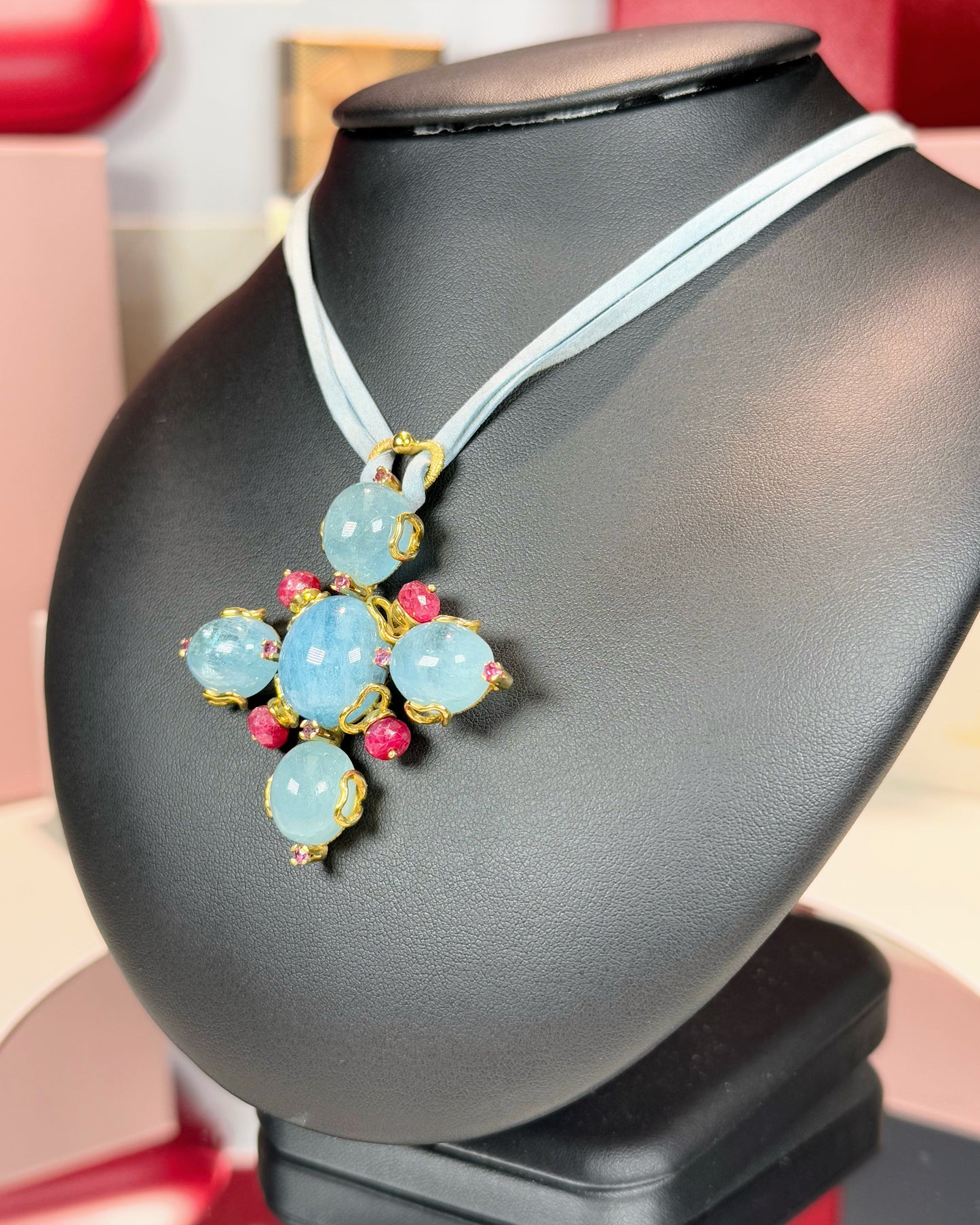 Aquamarine and Ruby 18k Yellow Gold Pendant