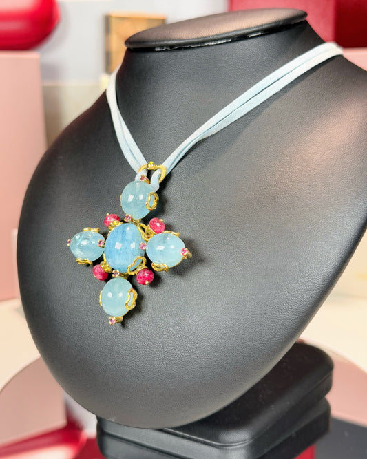 Aquamarine and Ruby 18k Yellow Gold Pendant