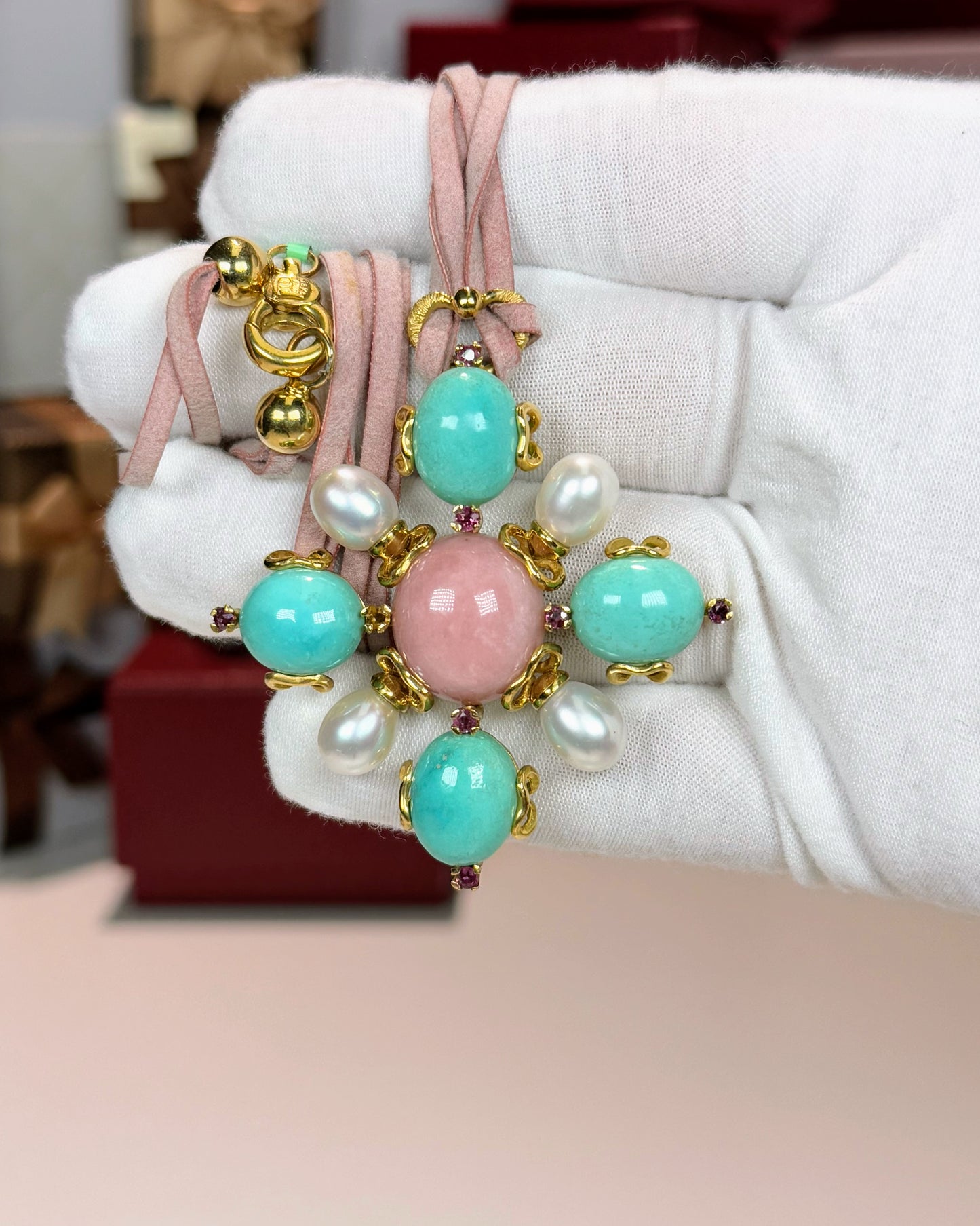 Turquoise and Pearl 18k Yellow Gold Pendant